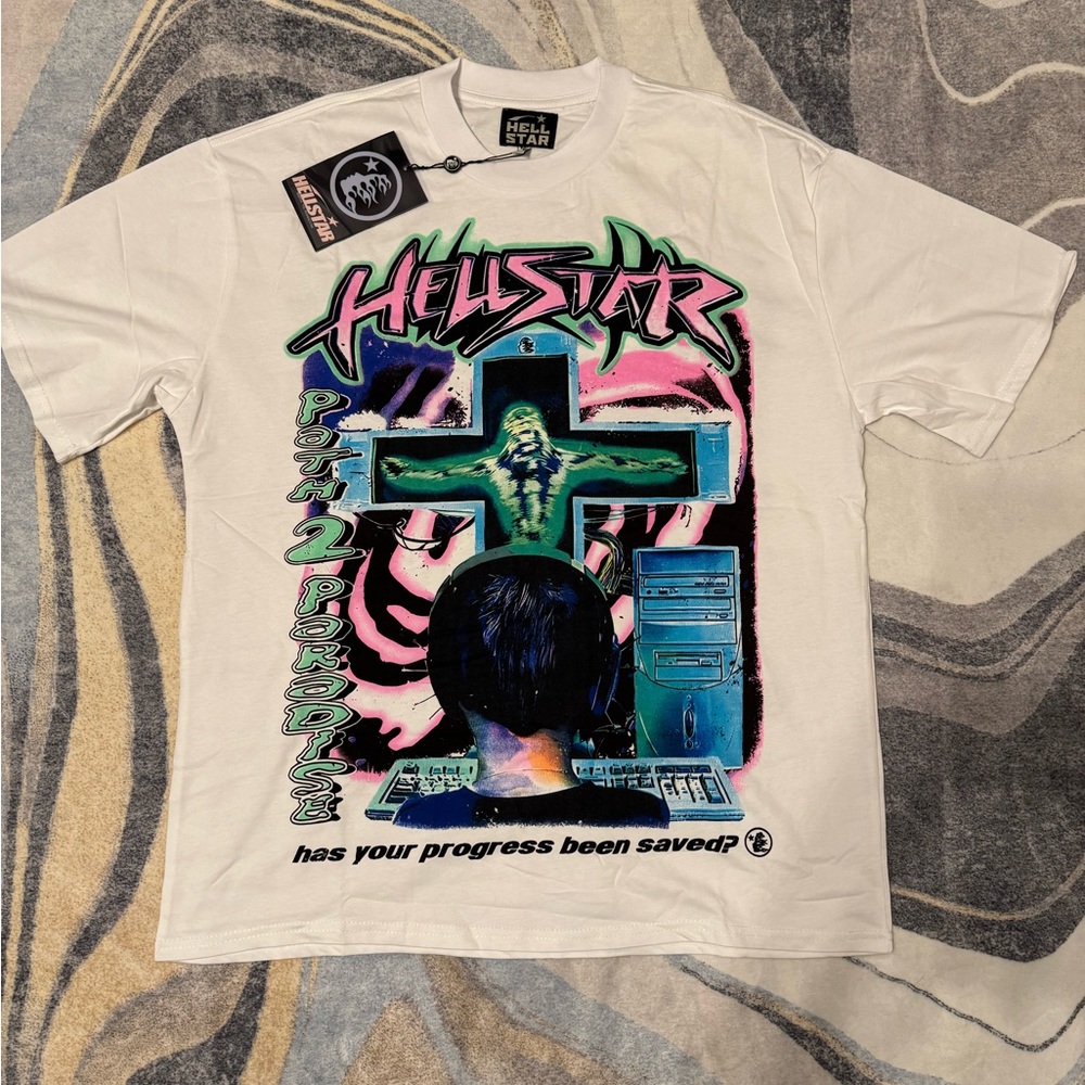 Hellstar Is Your Progress Saved Cross White T-Shirt Men’s Size Medium or Large